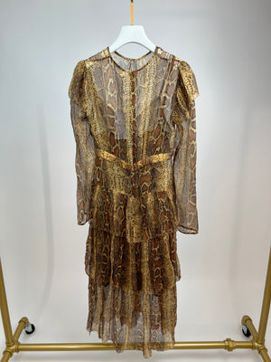 Zimmermann Brown Python Printed Long Sleeve Dress with Tiered Detail Size 1 (UK 10)