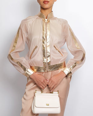 Ralph & Russo Blush Pink Jacket and Silk Trouser Set with Rose Gold Metallic Snake Trims Size IT 36/38 (UK 6/8)