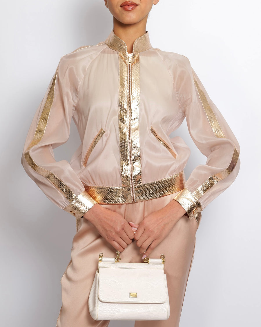 Ralph & Russo Blush Pink Jacket and Silk Trouser Set with Rose Gold Metallic Snake Trims Size IT 36/38 (UK 6/8)