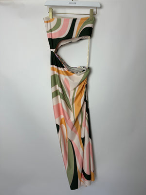 Agua Bendita Pink Orange and Green One Shoulder Cut Out Midi Dress Size S (UK 8)