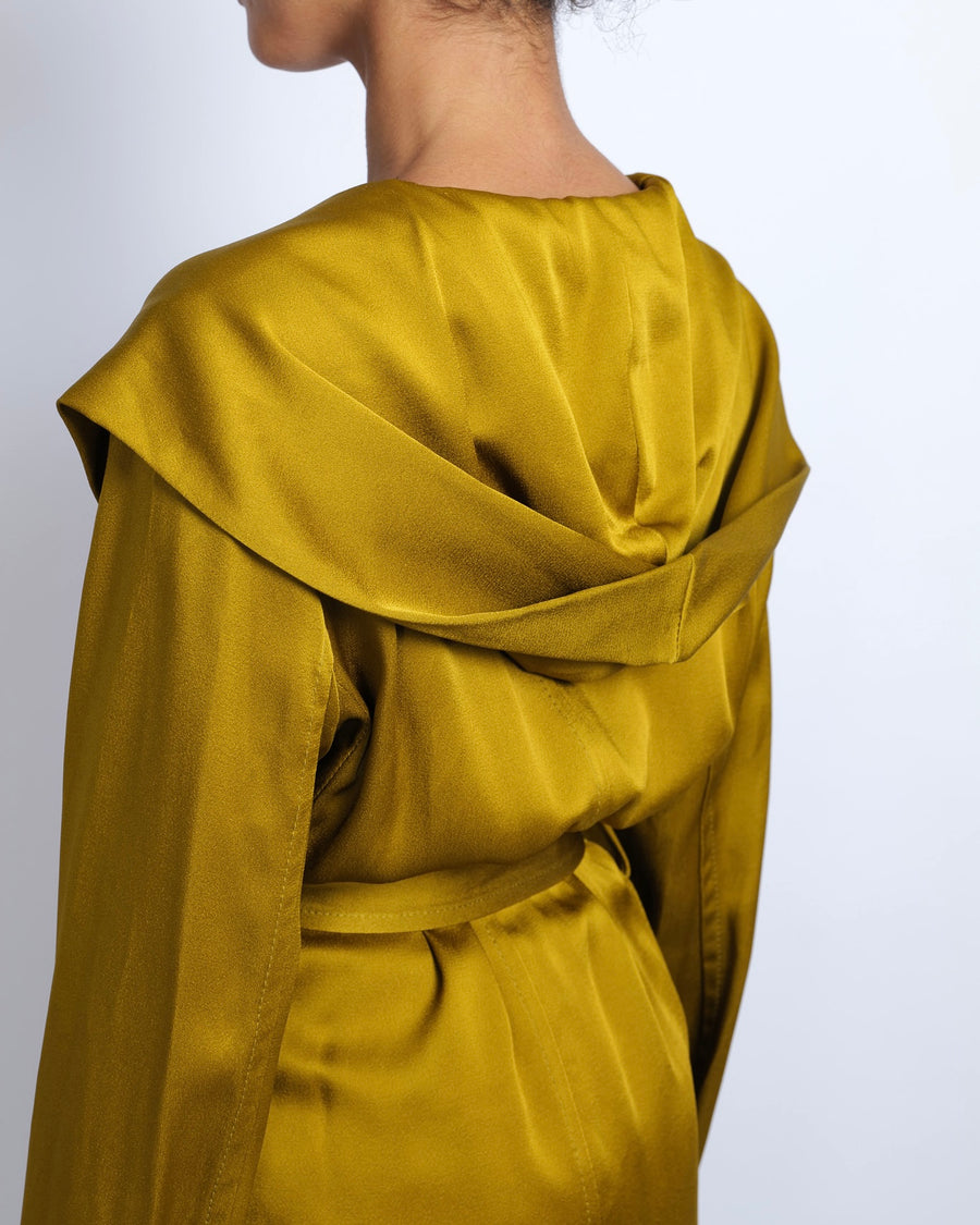 Saint Laurent Olive Green Silk Belted Jacket and Trouser Set with Hood Size FR 36/38 (UK 8/10)