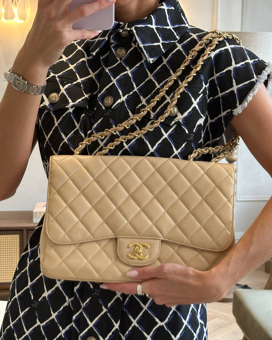*FIRE PRICE* Chanel Beige Jumbo Classic Single Flap Bag in Caviar Leather with Gold Hardwar