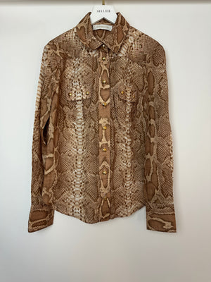 Zimmermann Tan Natura Linen Snake Print Shirt and A-Line Midi Belted Skirt with Pocket Detail Size 1 (UK 10)