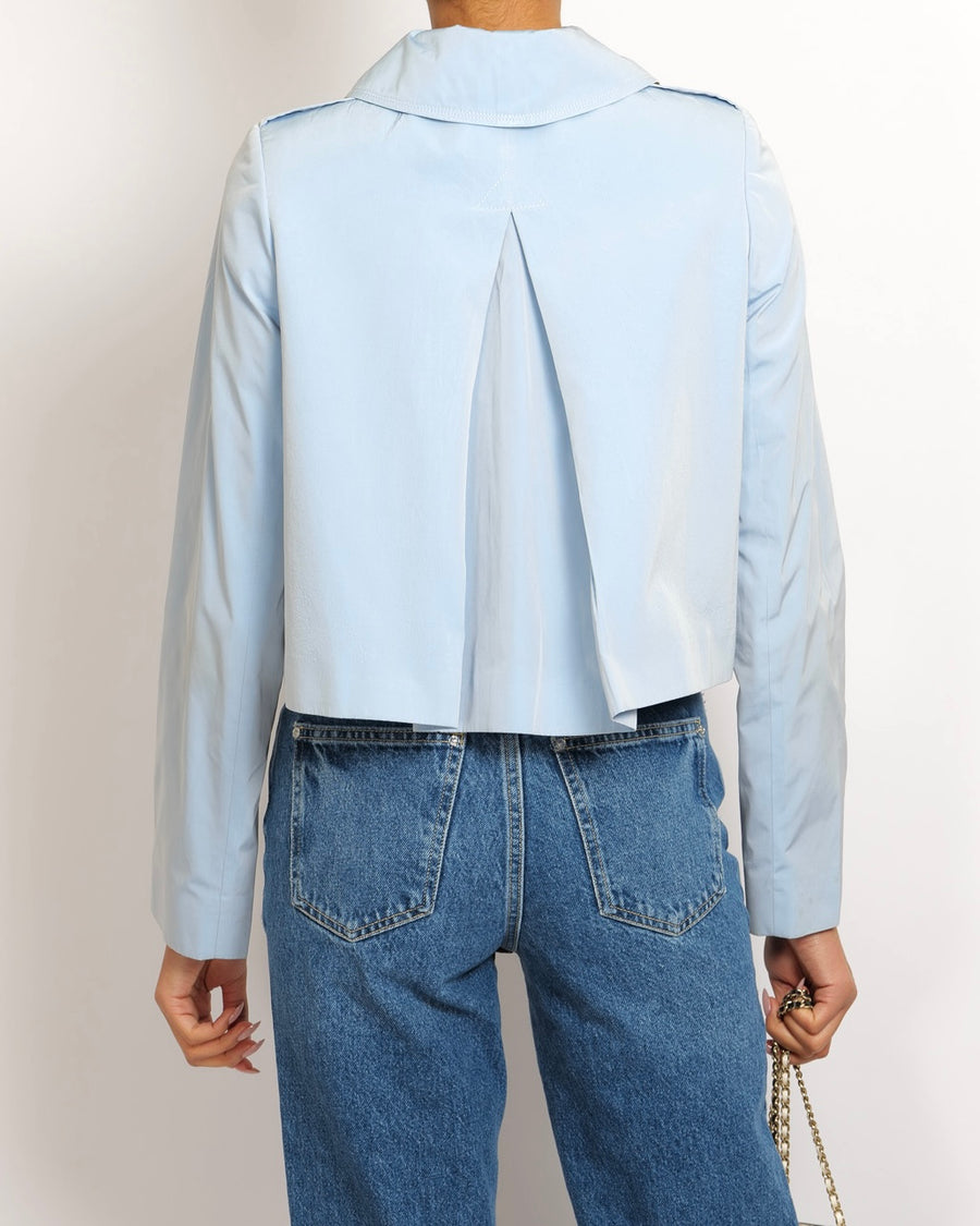 Burberry Light Blue Cropped Jacket with Gold Logo Buttons Detail Size UK 8