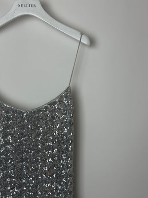 Oséree Silver Sequin Pailettes Maxi Dress with Gold Ring Strap Detail and Side Slit Size L (UK 12)