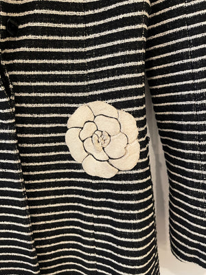 Chanel 01C White and Black Striped Jacket with White Camelia Detail Size FR 38 (UK 10)