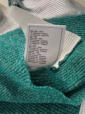Chanel Cruise 2025 Silver Metallic and Green Ribbed Short-Sleeve Top with Crystal CC Logo Detail Size FR 40 (UK 12)