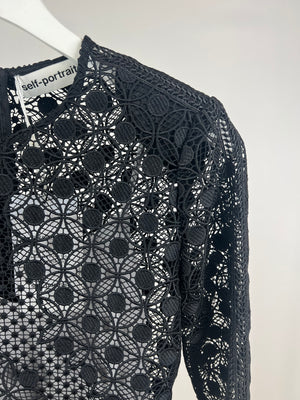 Self Portrait Black Long Sleeve Crochet Midi Dress with Shoulder Pad Detail IT 42 (UK 10)