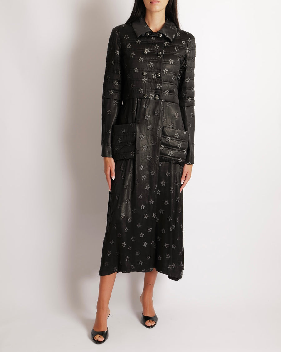 Chanel Cruise 2024 Black Shimmery Coat Dress with CC Logo Stars Embellishments and Black and Silver Crystal CC Logo Buttons Size FR 36 (UK 8)