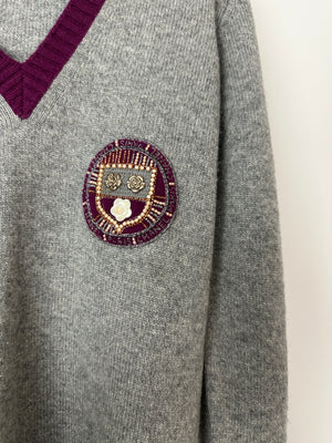 Chanel 07/A Grey and Purple Cashmere Jumper with Embroidered and Beaded Logo Patch Detail FR 38 (UK 10)