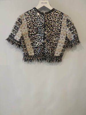 Ralph & Russo Black and Multi-Colour Tweed Sequin Top and Mini Skirt Set with Textured Gold Buttons Size FR 38/40 (UK 10/12)