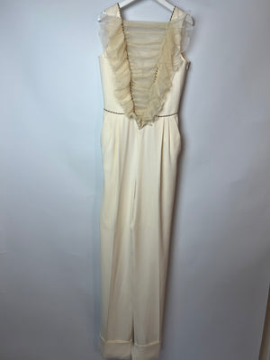 Alessandra Rich Cream Sleeveless Jumpsuit with Mesh V-Neck Panel and Gold Metallic trim Size IT 40 (UK 8)