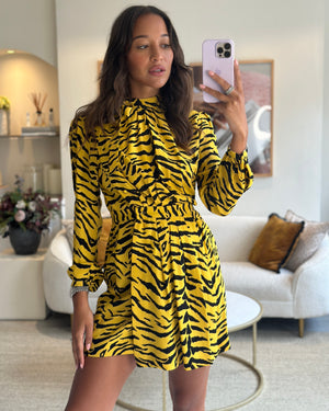 Saint Laurent Yellow, Black Zebra Print Long-Sleeve Mini Dress Size FR 36 (UK 8)