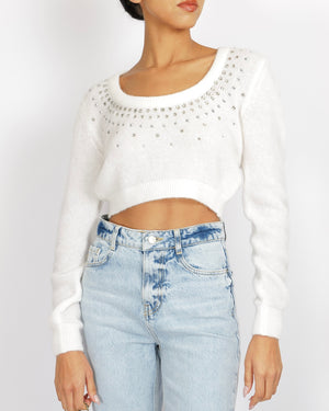 Alessandra Rich White Mohair Cropped Jumper with Crystal Embellishments Size IT 46 (UK 14) RRP £515
