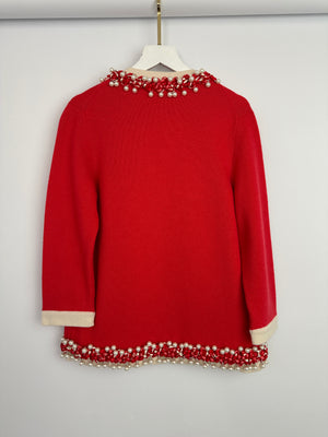 Chanel 10P Red Knitted Long Sleeve Cardigan with Pearls & Cream Braided Trim Details FR 36 (UK 8)
