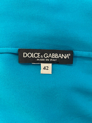 Dolce & Gabbana Teal Blue Satin Tie-Neck Blouse Size IT 42 (UK 10)