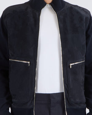 Hermès Menswear Navy Suede and Wool Jacket with Silver Zip Details Size XL (UK 44)
