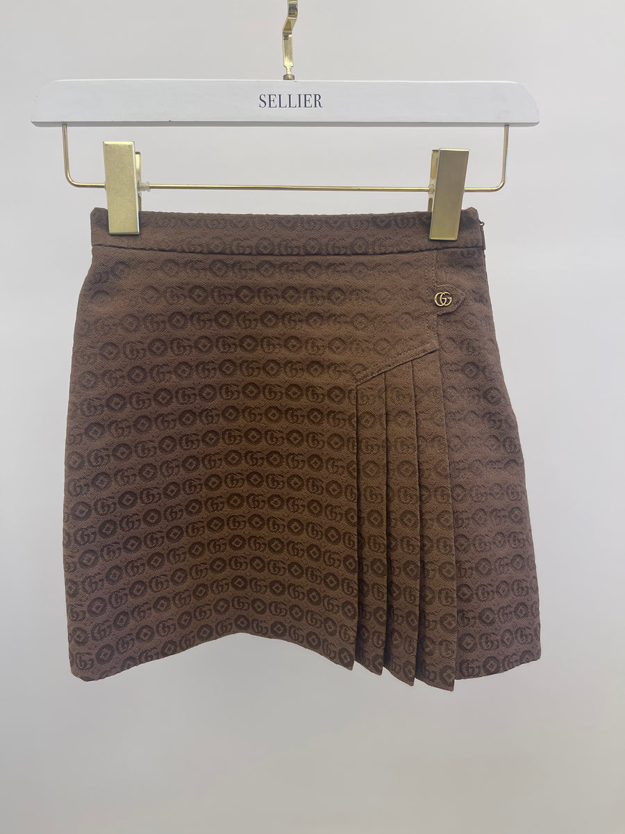 Gucci Kids Brown Logo Printed Pleated Skirt with Gold Logo Size 8 years RRP £400