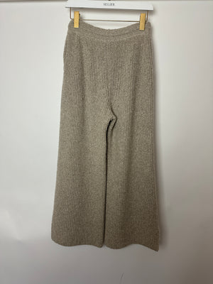 Loro Piana Beige Knitted Wide Leg Trousers with Tie Waist Size UK 8