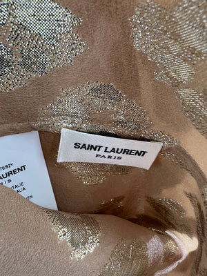Saint Laurent Beige, Metallic Gold Floral Print Blouse with Tie Neck Size FR 40 (UK 12)