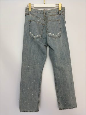 Jonathan Simkhai Blue Light Wash High-Waisted Straight Jeans with Distressed Detail and Pearl Embellishment Size 29 (UK 12)