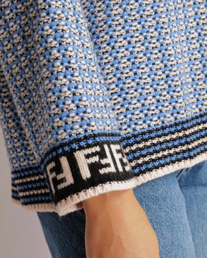 Fendi Blue and Cream Knit Cashmere Jumper with FF Logo Sleeve Details Size IT 38 (UK 6)