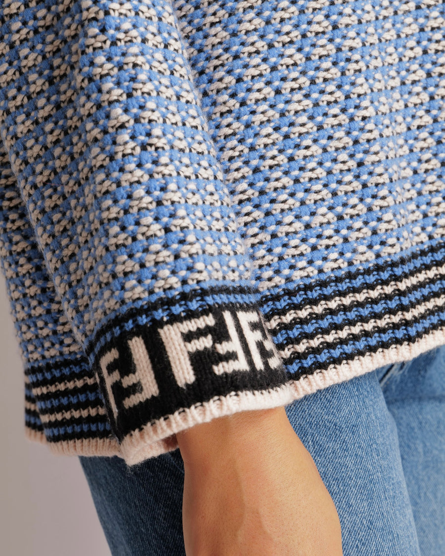 Fendi Blue and Cream Knit Cashmere Jumper with FF Logo Sleeve Details Size IT 38 (UK 6)