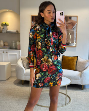 Gucci Multi-Colour Floral Tunic Long Sleeve Dress with Bow Collar Detail IT 38 (UK 6)