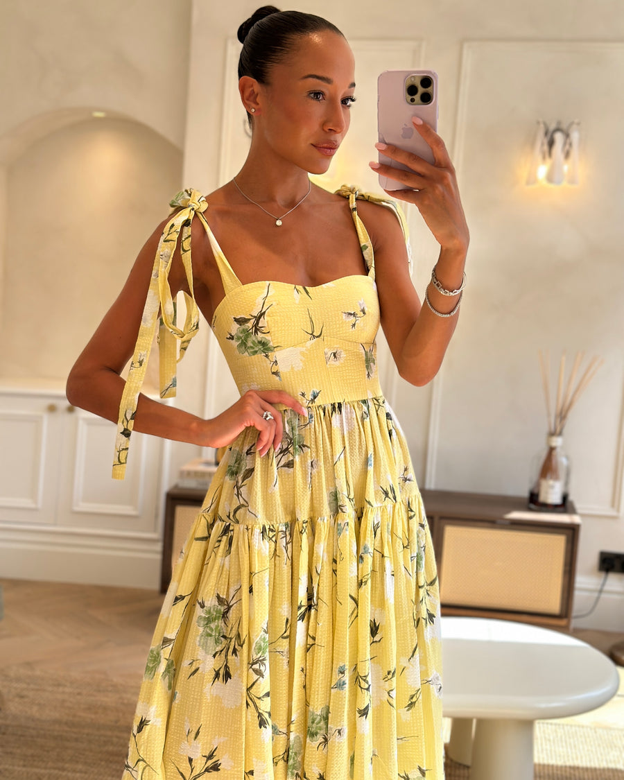 Erdem SS25 Yellow, White & Green Floral Midi Dress with Bustier Top & Tie Up Bow Strap Details Size UK 6 (FR 34)