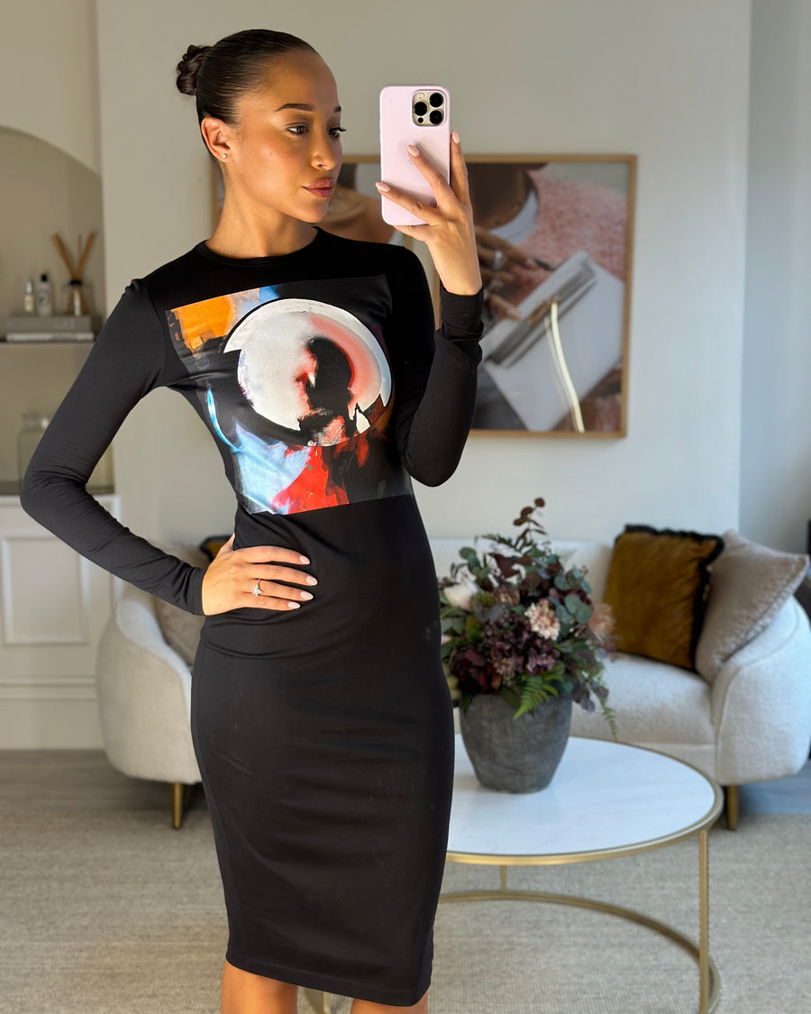 Givenchy Black Cotton Long Sleeve Midi Dress with Abstract Pattern Size FR 36 (UK 8)