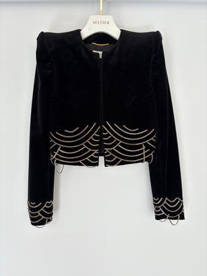Saint Laurent Black Velvet Cropped Blazer Jacket With Silver Chain Detail Size FR 38 (UK 10)