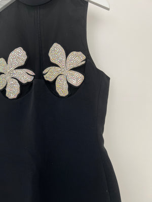 David Koma Black Mini Dress with Tulle Halter Neck & Floral Embellishments Details Size UK 10