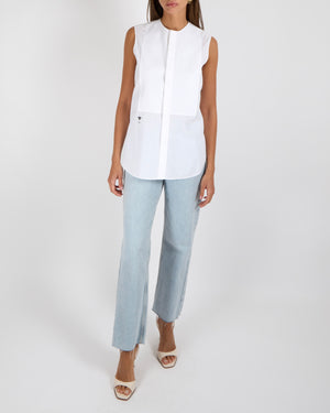 Christian Dior White Poplin Sleeveless Blouse with Plastron and Black Embroidered Logo Detail Size FR 36 (UK 8) RRP £880