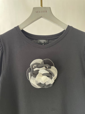 Chanel Black Puff-Sleeve Top with Crystal Cameila Flower Detail Size FR 36 (UK 8)