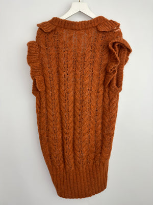 Miu Miu Burnt Orange Oversized Cable Knit Long Line Sleeveless Jumper with V-Neck and Ruffle Detial Size IT 36 (UK 4)