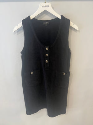 Chanel Black Terry Beach Mini Dress with Pocket Detail and Champagne Gold CC Logo Buttons Size FR 36 (UK 8)