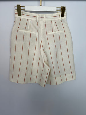 Loro Piana White Linen High-Waisted Shorts with Brown Stripe Details Size IT 38 (UK 6)