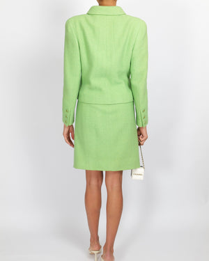 Chanel Vintage 98P Green Wool Jacket and Skirt Set with Green and Gold CC Logo Buttons Size FR 42 (UK 14)