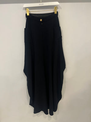 *RUNWAY* Chanel Métiers d'Art 2023 Black Front-Cropped Midi Skirt with Back Gold CC Logo Button Detail Size FR 34 (UK 6)