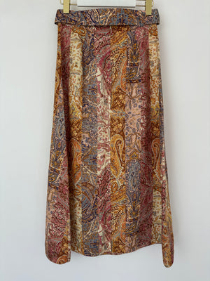 Zimmermann Orange and Brown Paisley Belted Linen Midi Skirt Size 1 (UK 10)