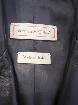 Alexander McQueen Navy Leather Fringed Trench Coat with Gold Eyelets Details Size IT 38 (UK 6)