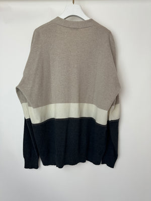 Brunello Cucinelli Taupe, White, and Grey Colour Block Cashmere Cardigan with Monili Trim Detail Size XL (UK 14)