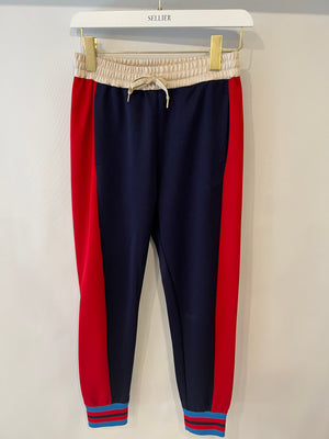 Gucci Navy, Red and Cream Track Pants with Striped Ankle Cuff Detail and Gold Metallic String Size XS (UK 6)