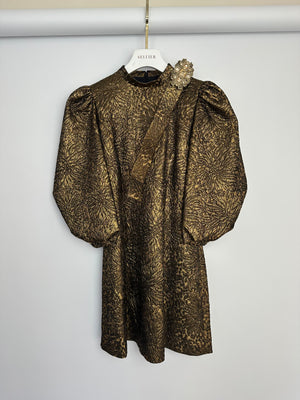 Andrew GN Belted Gold Metallic Puff Sleeve Mini Dress Size FR 38 (UK 10)