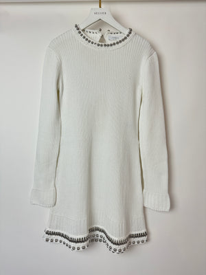 Paco Rabanne White Knitted Long Sleeve Dress with Silver Studs Detail Size M (UK 10)