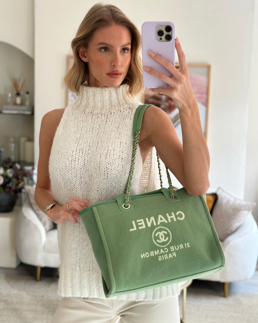 HOT* Chanel Pistachio Green Canvas Small Deauville Tote Bag with Cham –  Sellier