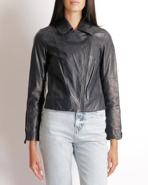 Chanel Navy Calfskin Leather Jacket with Quilted Details and Black CC Logo Buttons Size FR 34 (UK 6)