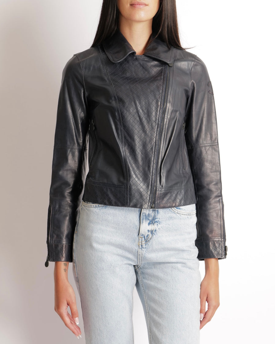 Chanel Navy Calfskin Leather Jacket with Quilted Details and Black CC Logo Buttons Size FR 34 (UK 6)