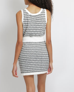 Chanel 25P Black and White Striped Sleeveless Perforated Mini Dress with Drawstring Detail and Crystal Embellished CC Logo Detail Size FR 40 (UK 12)