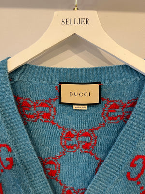 Gucci Blue and Red Wool GG Monogram Cardigan with Mother of Pearl Buttons Size L (UK 12/14) RRP £1,300